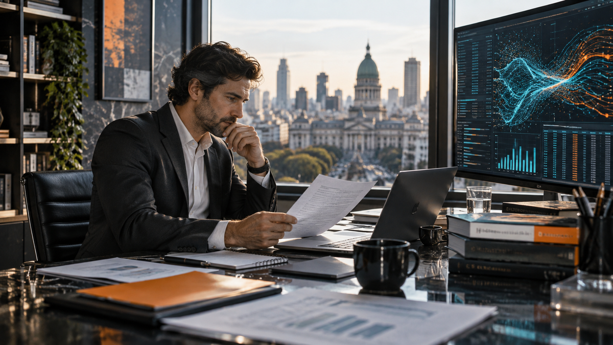 Profesional contable en Buenos Aires analiza información financiera con apoyo de inteligencia artificial