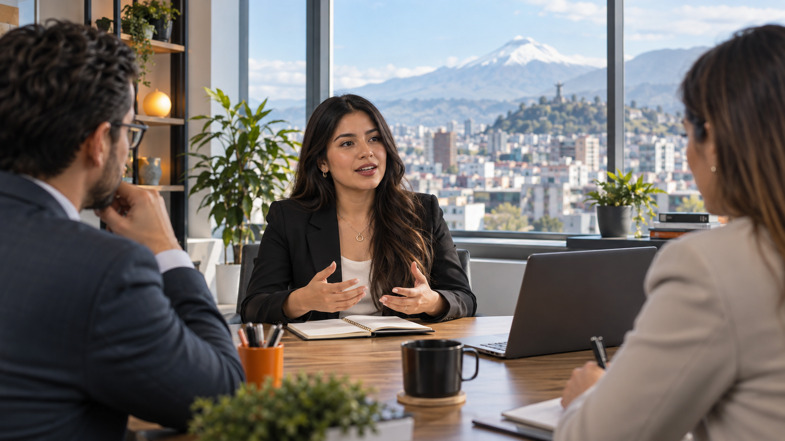 Profesional ecuatoriana responde preguntas en una entrevista de trabajo en una oficina de Quito
